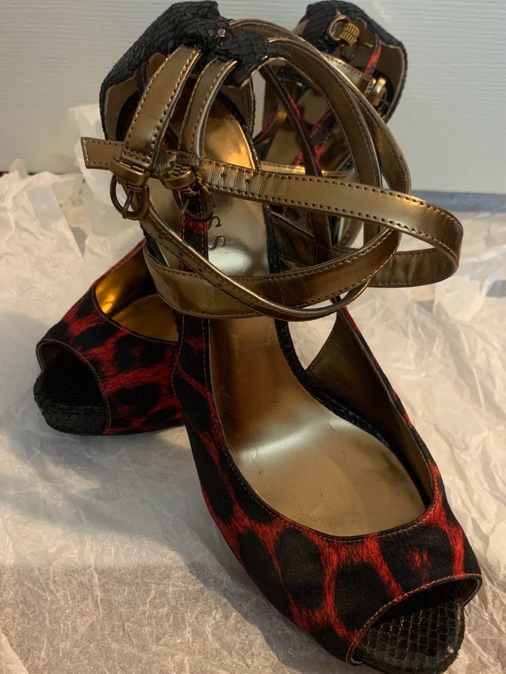 Women's Red Animal Print Peep-Toe Heels with Gold Straps